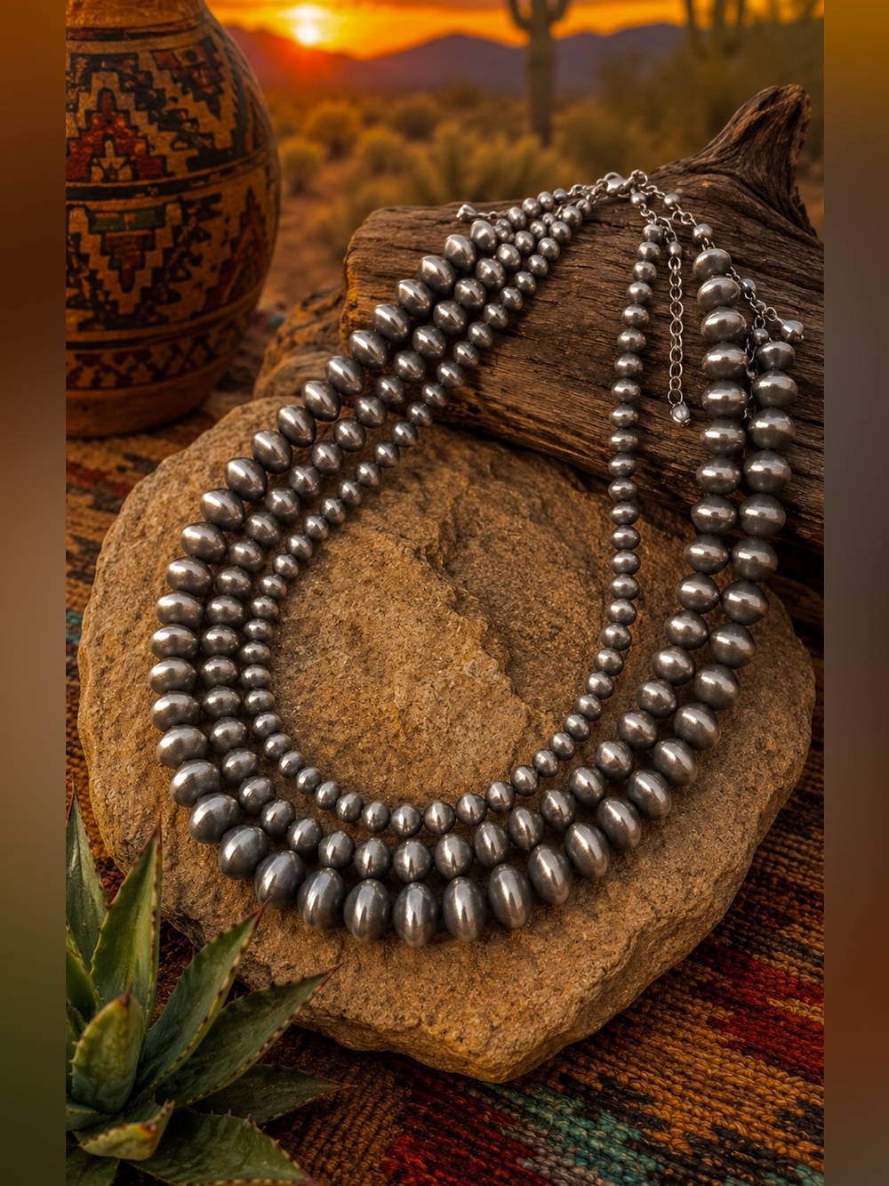 Southwestern Western Faux Navajo Pearl Silver Tone Beaded Costume Necklace Set